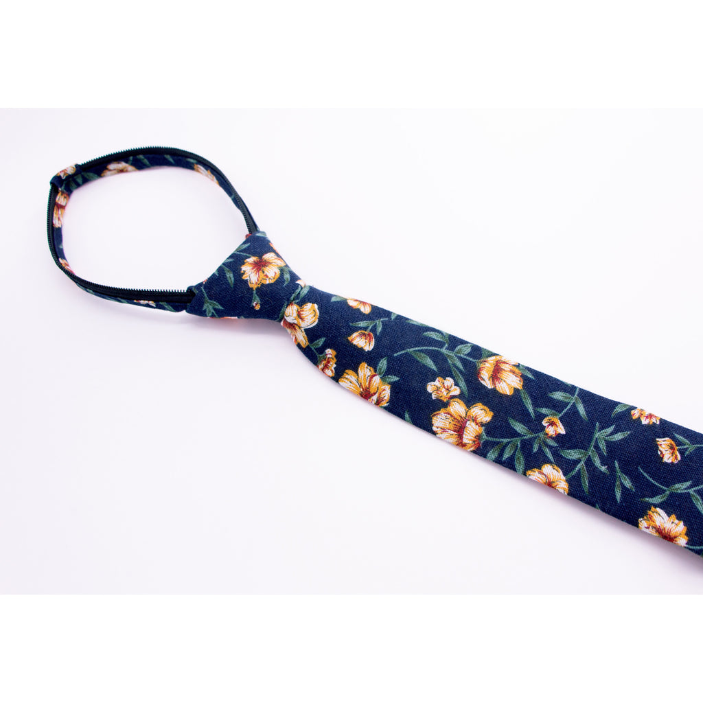 Boys' Cotton Floral Skinny Zipper Tie, Navy/Orange (Color F35)