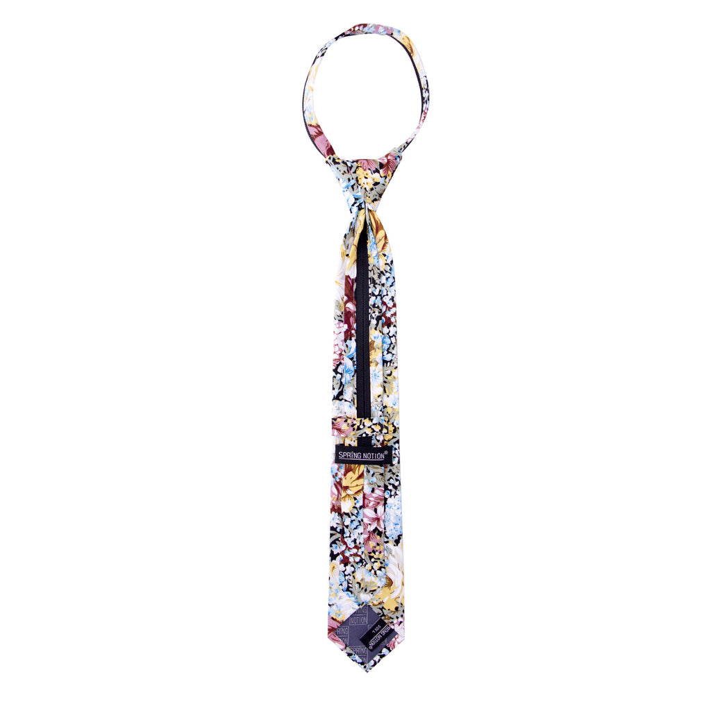 Boys' Cotton Floral Skinny Zipper Tie, Black/Mauve (Color F36)