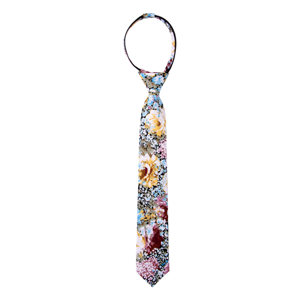 Boys' Cotton Floral Skinny Zipper Tie, Black/Mauve (Color F36)