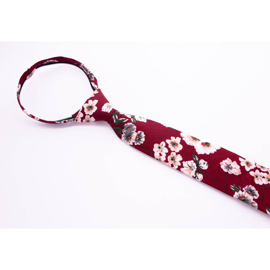 Boys' Cotton Floral Skinny Zipper Tie, Burgundy (Color F37)