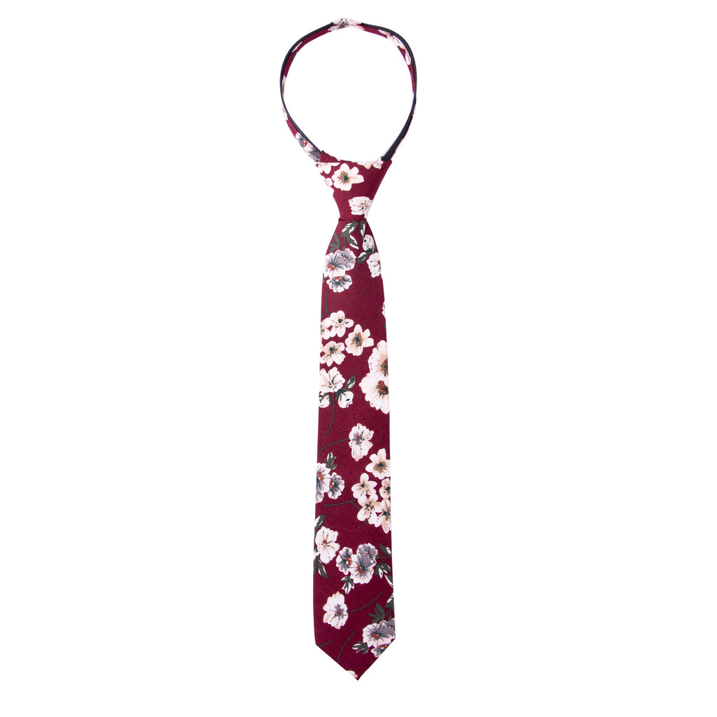 Boys' Cotton Floral Skinny Zipper Tie, Burgundy (Color F37)