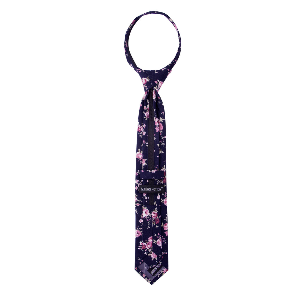 Boys' Cotton Floral Skinny Zipper Tie, Black/Pink (Color F38)
