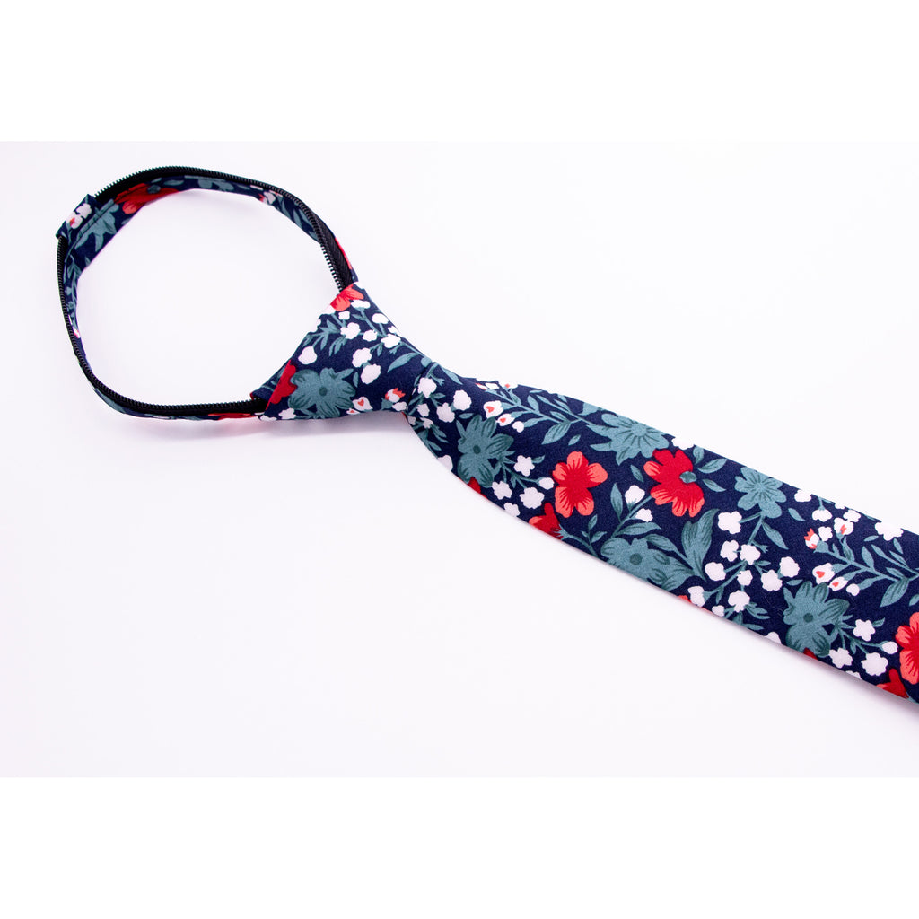 Boys' Cotton Floral Skinny Zipper Tie, Blue/Red (Color F42)