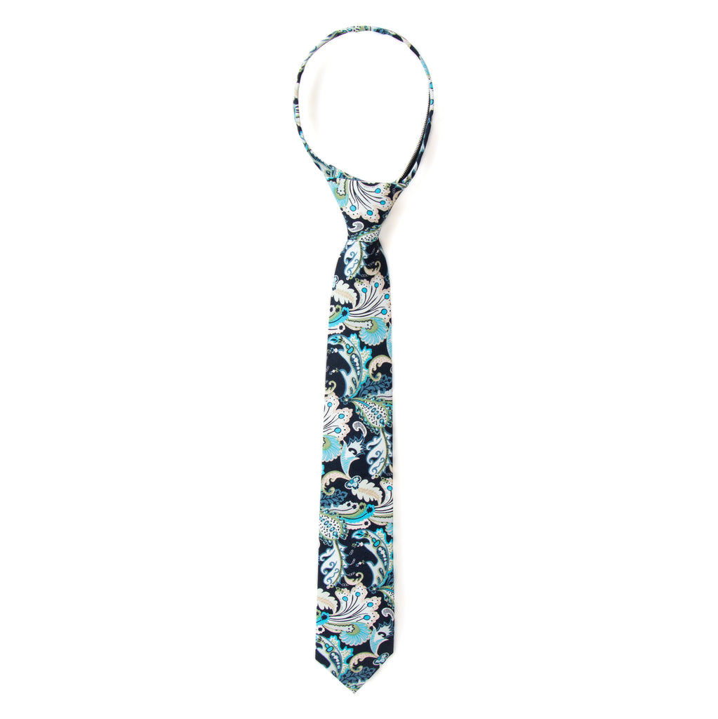 Boys' Cotton Floral Skinny Zipper Tie, Marine (Color F50)