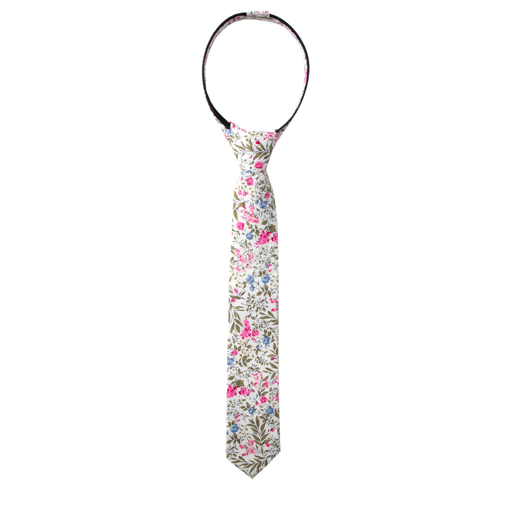Boys' Cotton Floral Skinny Zipper Tie, Blue Pink (Color F64)