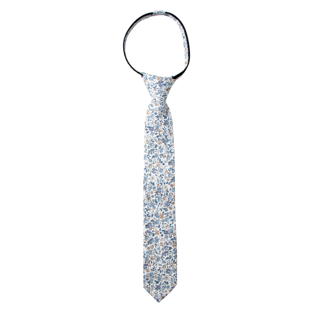 Boys' Cotton Floral Skinny Zipper Tie, Steel Blue (Color F67)