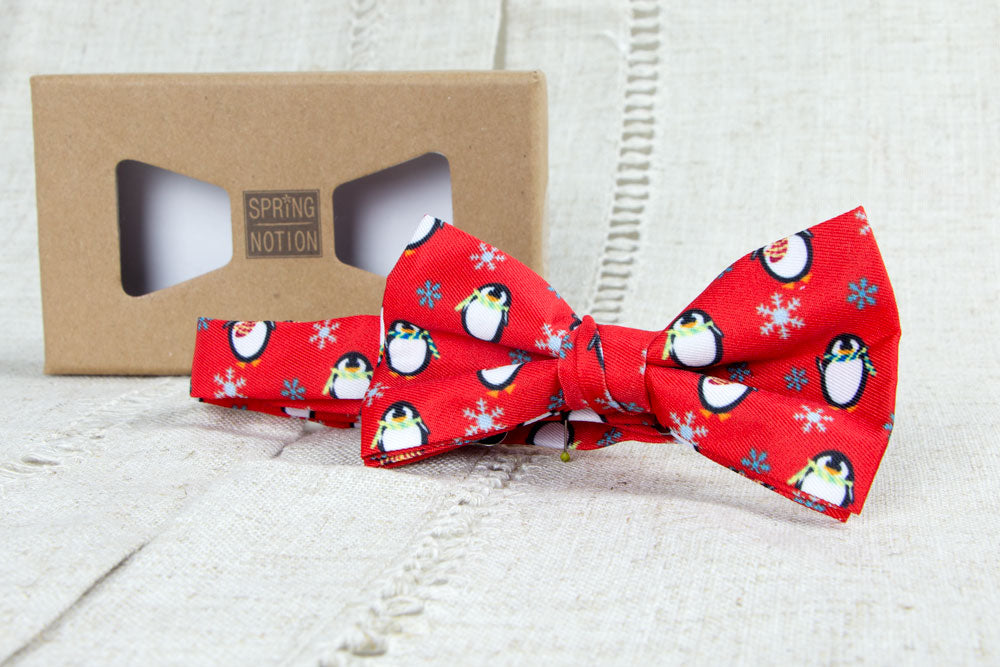 Boys' Printed Christmas Themed Bow Tie, Round Penguins