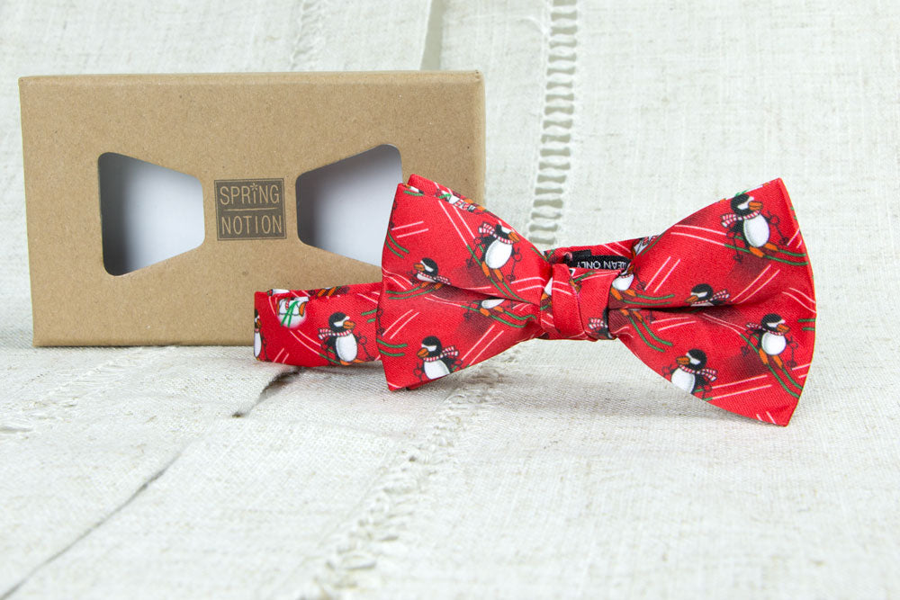 Boys' Printed Christmas Themed Bow Tie, Red Skiing Penguin