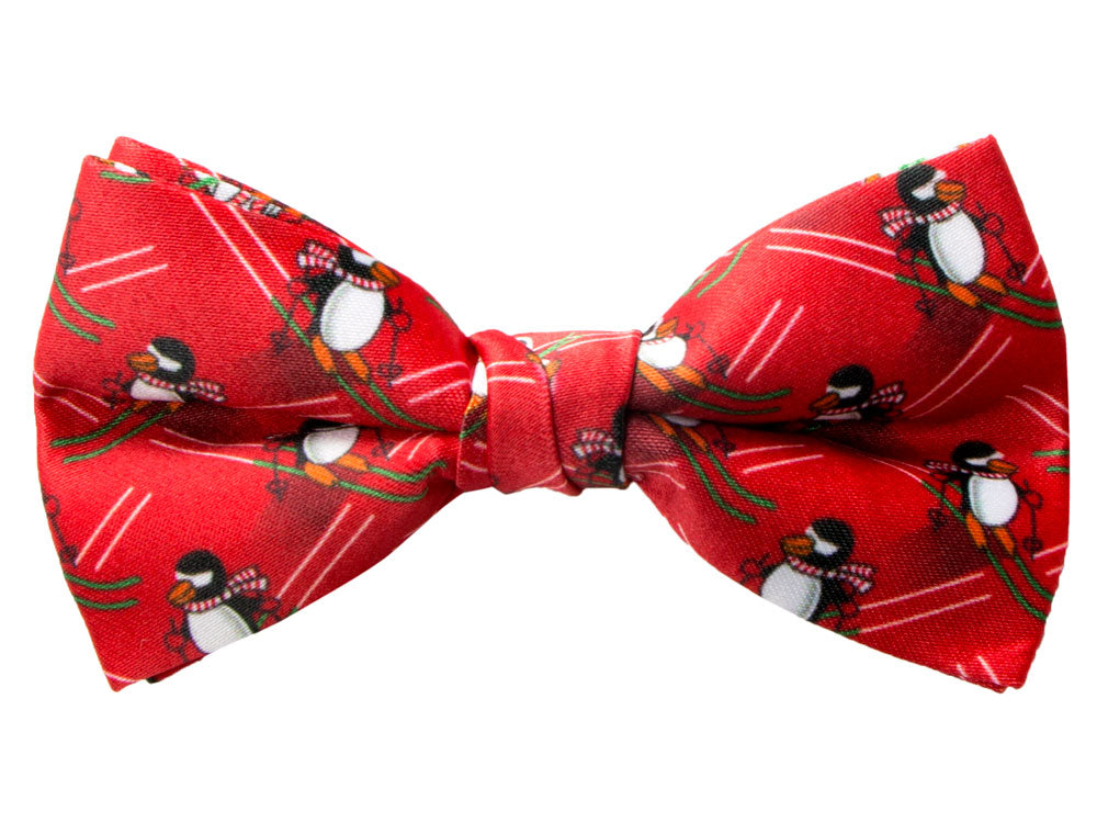 Boys' Printed Christmas Themed Bow Tie, Red Skiing Penguin