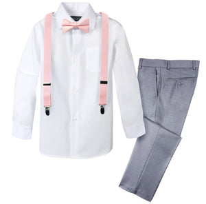 Boys' 4 Piece Suspenders Outfit, Light Grey/White/Blush Pink