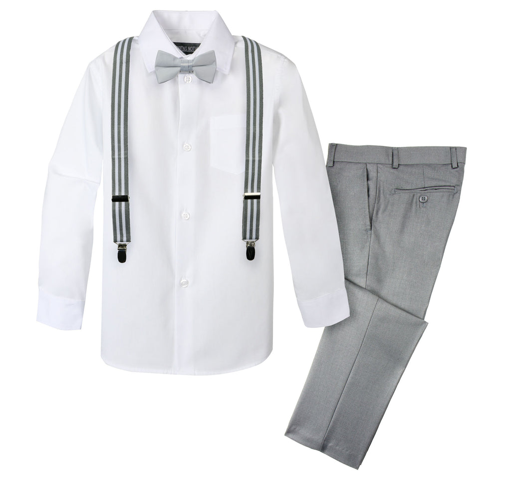 Boys' 4 Piece Suspenders Outfit, Light Grey/White/Grey w/White Stripes