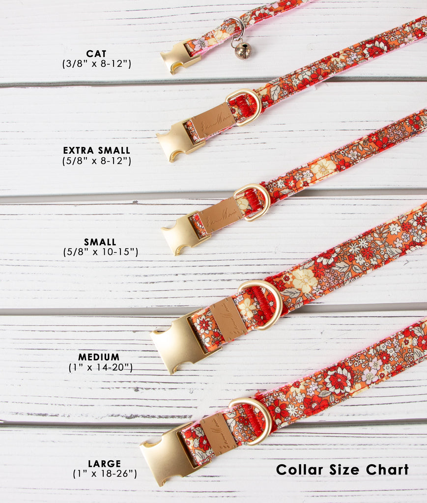 Cotton Floral Dog Collar with Shiny Chrome Silver Metal Buckle, 11-Red