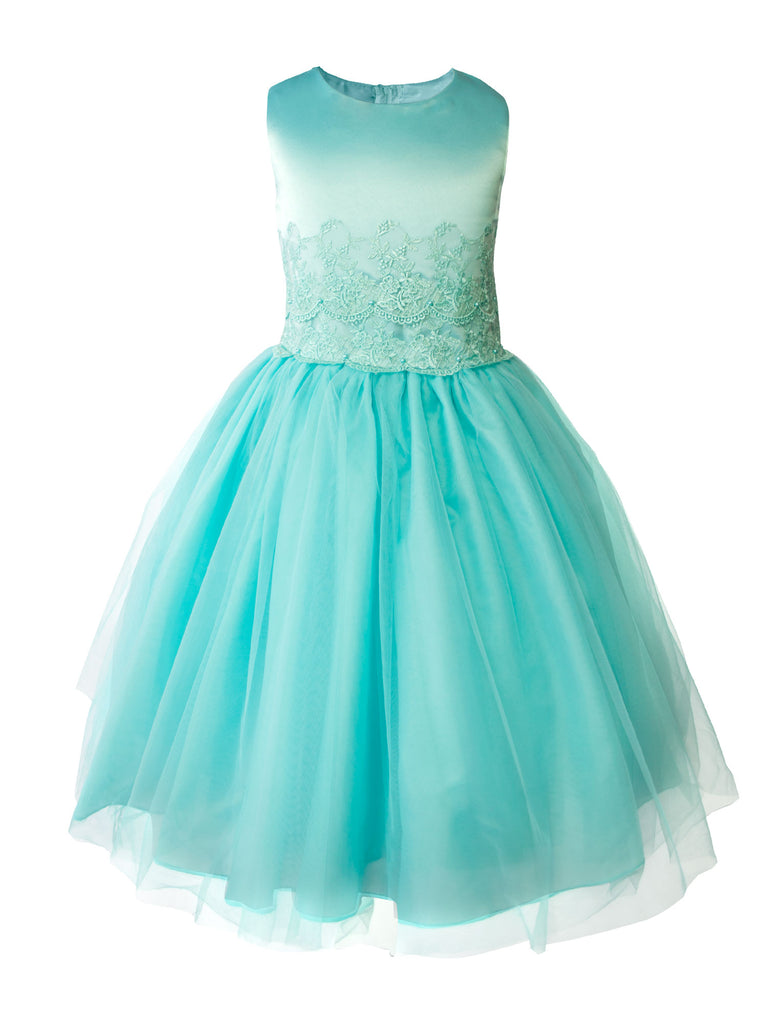 Girls' Satin Sleveless Lace Appliqué Tulle Dress