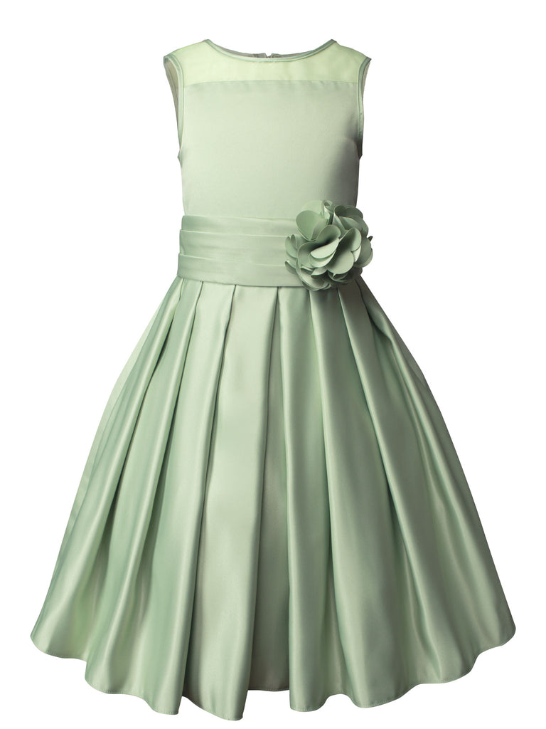 Girls' Sheer Neckline Red Satin Tea Length Flower Girl Dress