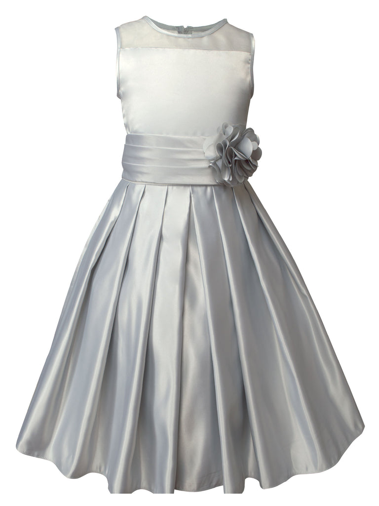 Girls' Sheer Neckline Red Satin Tea Length Flower Girl Dress