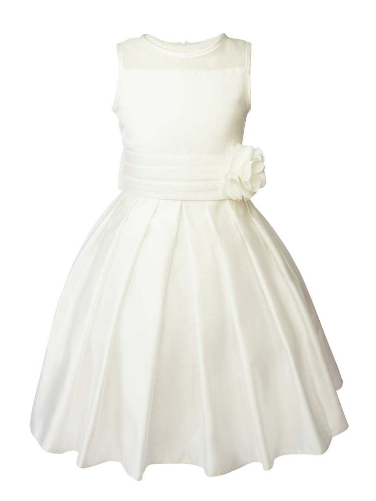 Girls' Sheer Neckline Red Satin Tea Length Flower Girl Dress