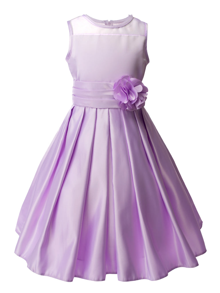 Girls' Sheer Neckline Red Satin Tea Length Flower Girl Dress