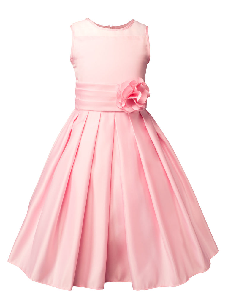 Girls' Sheer Neckline Red Satin Tea Length Flower Girl Dress