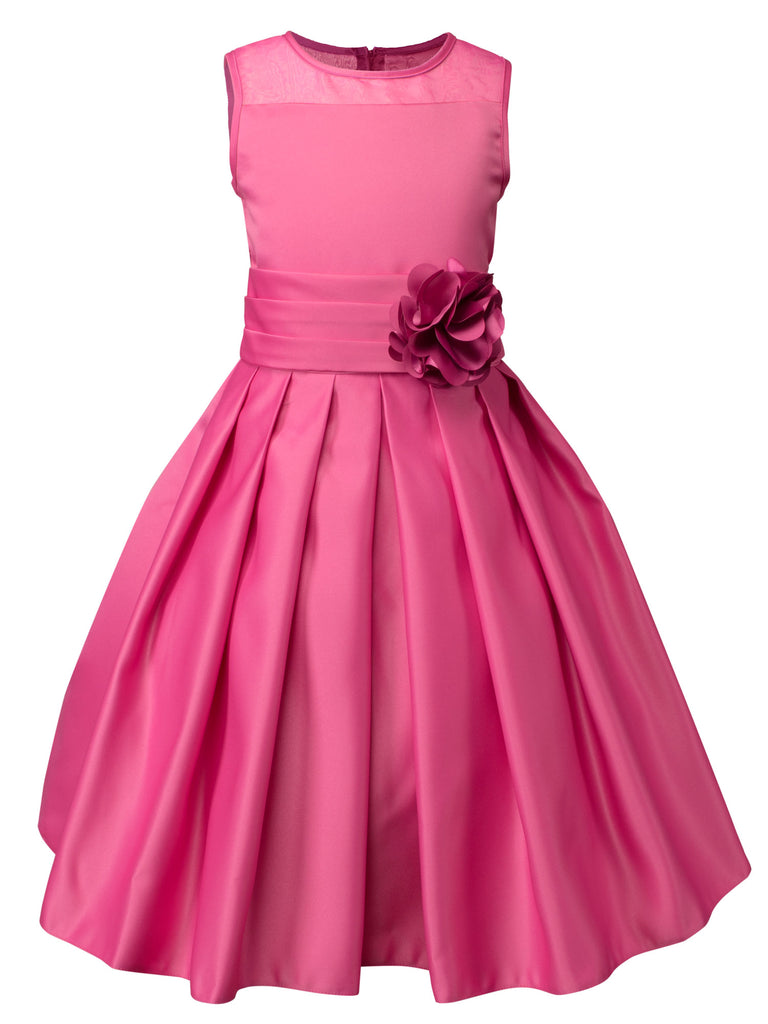 Girls' Sheer Neckline Red Satin Tea Length Flower Girl Dress