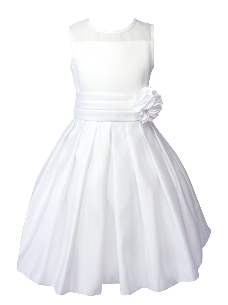 Girls' Sheer Neckline Red Satin Tea Length Flower Girl Dress