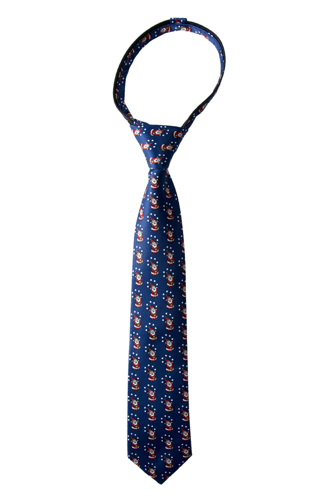 Boys' Printed Christmas Theme Pre-Tied Zipper Tie, Blue Santa