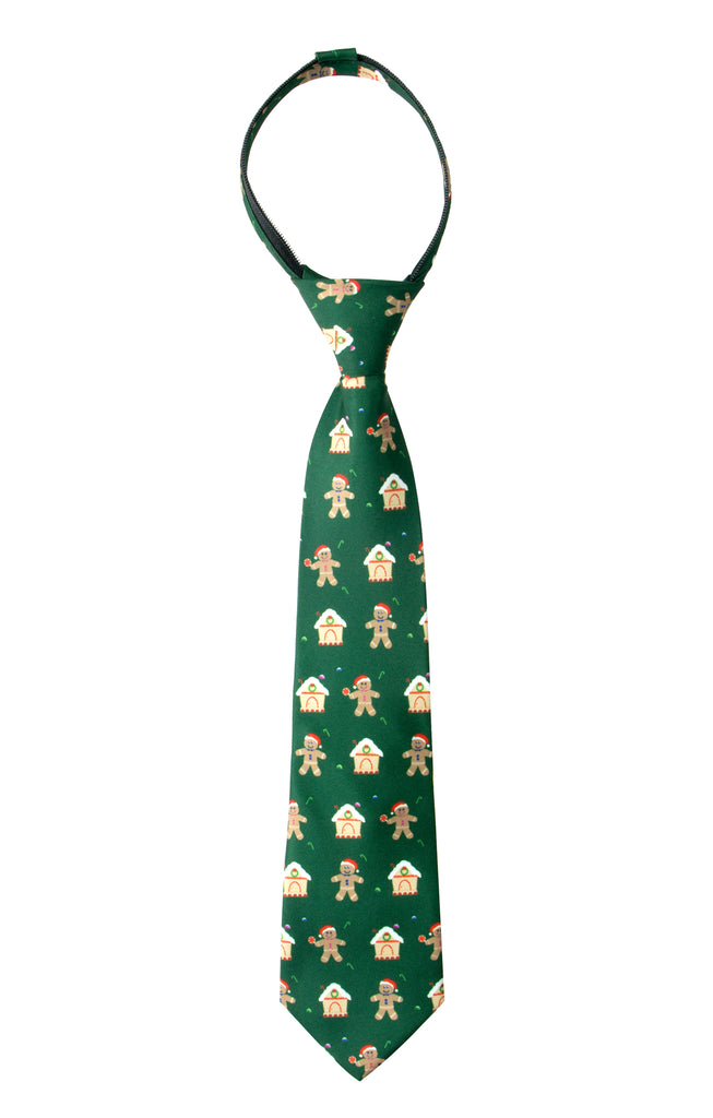 Boys' Printed Christmas Theme Pre-Tied Zipper Tie, Gingerbread Man