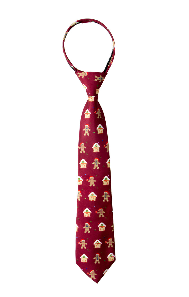 Boys' Printed Christmas Theme Pre-Tied Zipper Tie, Gingerbread Man