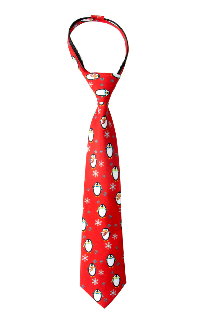 Boys' Printed Christmas Theme Pre-Tied Zipper Tie, Round Penguins