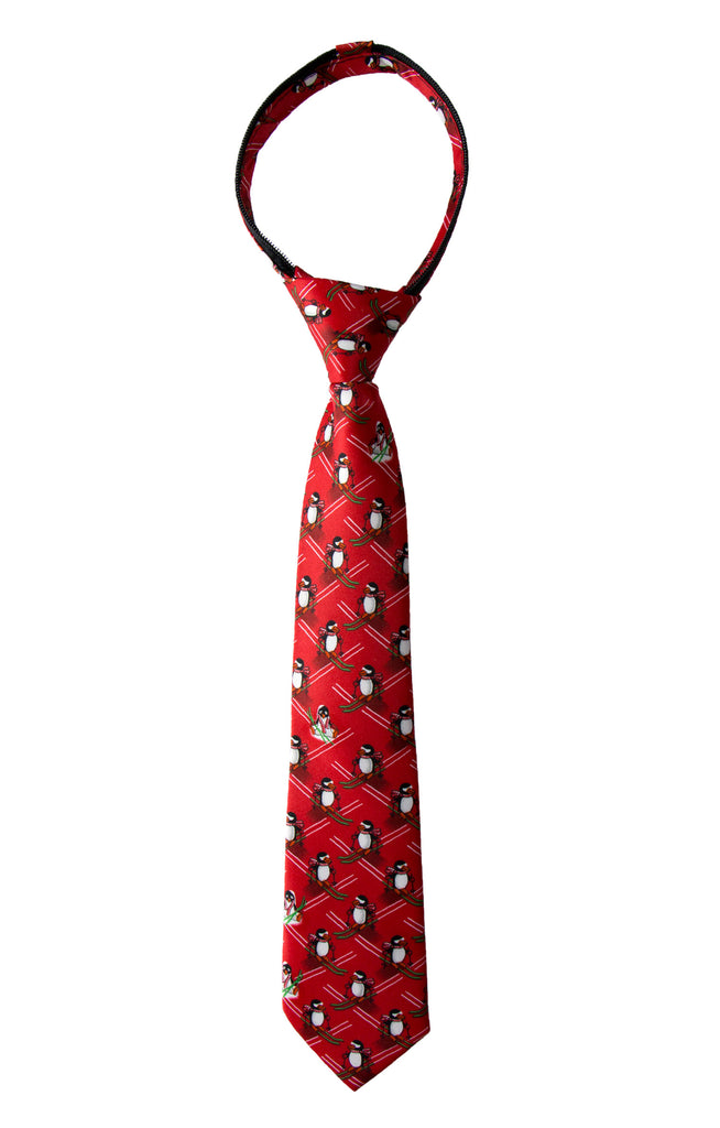 Boys' Printed Christmas Theme Pre-Tied Zipper Tie, Red Penguins