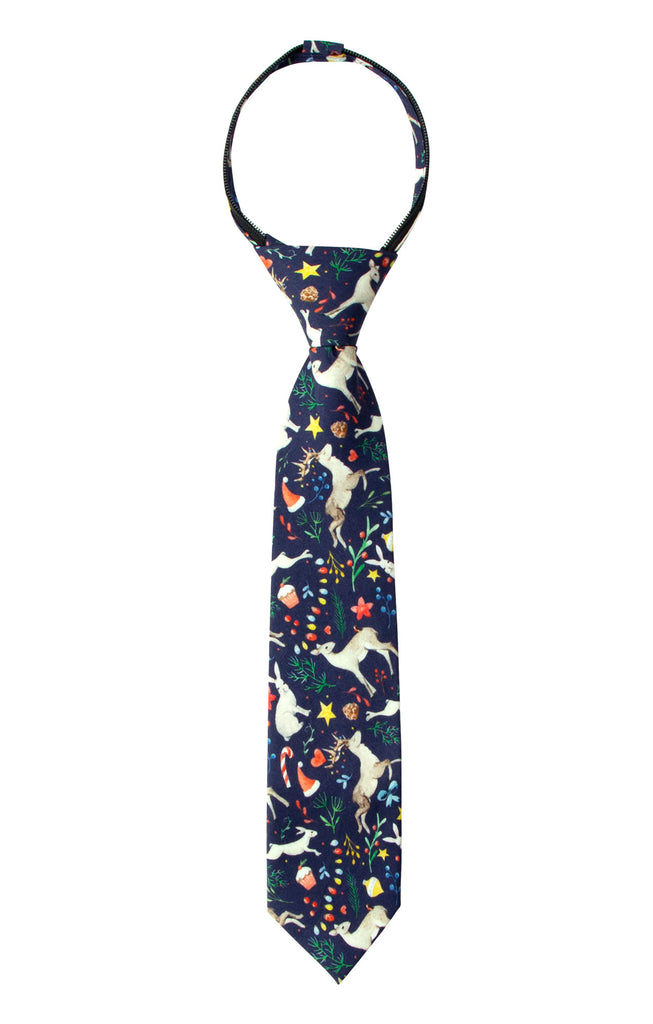 Boys' Printed Christmas Theme Pre-Tied Zipper Tie, Animal Reindeer