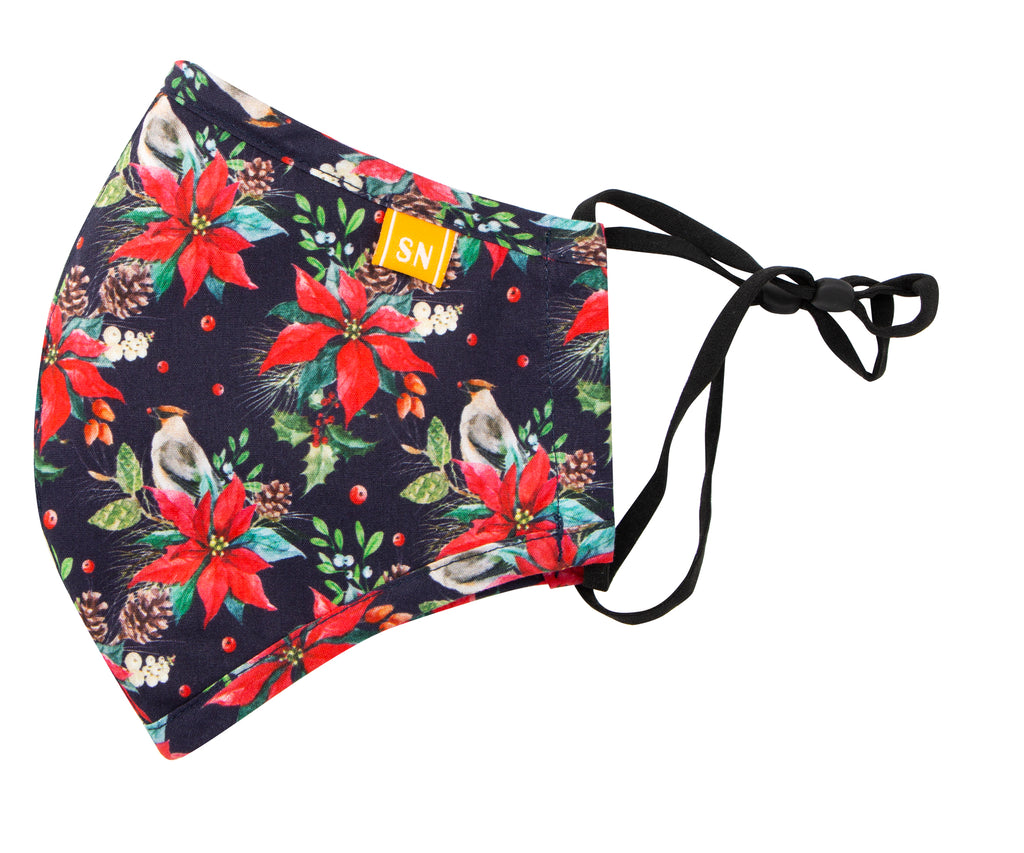 Reusable Washable Festive Christmas New Year Cotton Cloth Face Mask for Adults and Kids Poinsettia