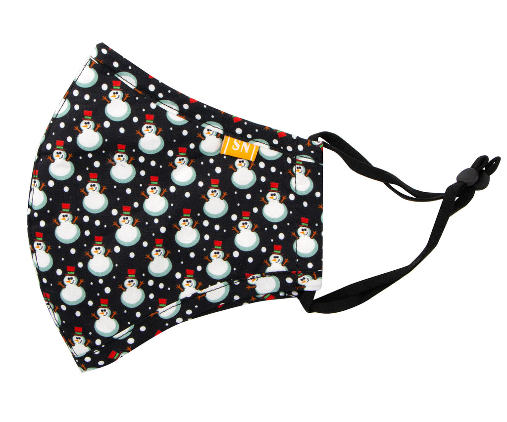 Reusable Washable Festive Christmas New Year Cotton Cloth Face Mask for Adults and Kids Black Snowman