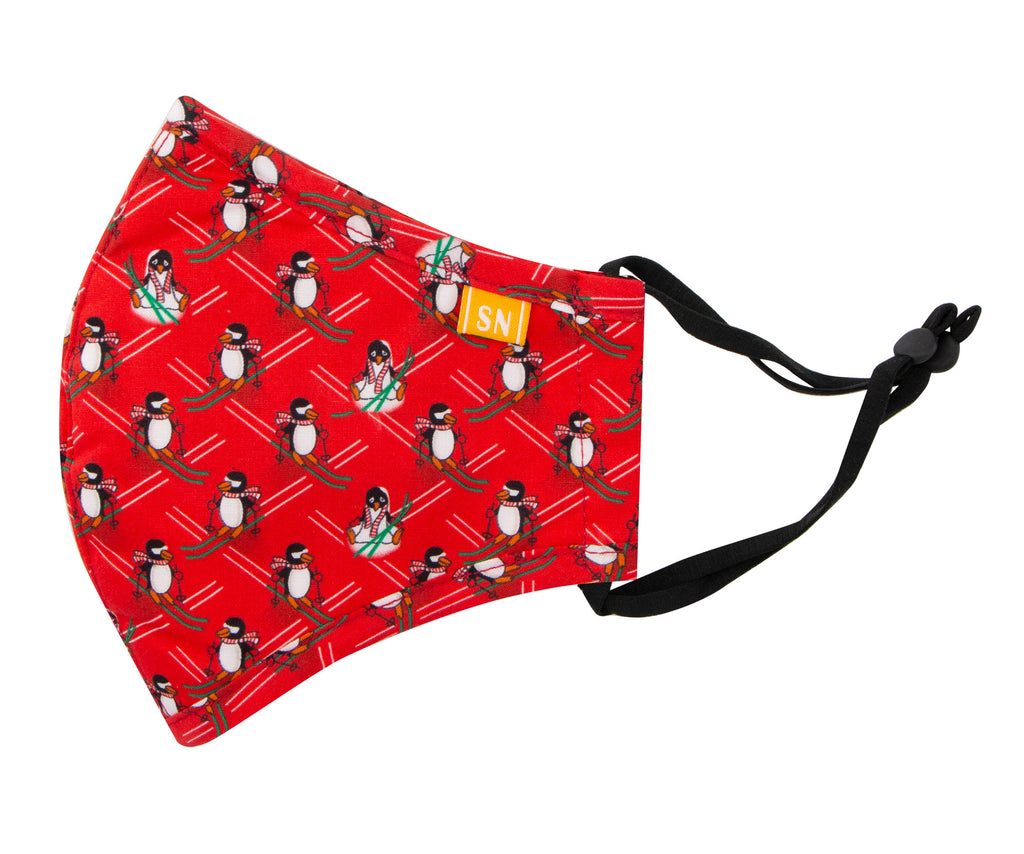 Reusable Washable Festive Christmas New Year Cotton Cloth Face Mask for Adults and Kids Red Penguin