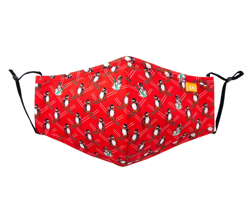 Reusable Washable Festive Christmas New Year Cotton Cloth Face Mask for Adults and Kids Red Penguin