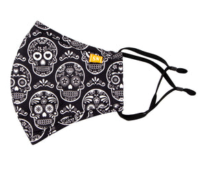 Reusable Washable Halloween Day of the Dead Cotton Cloth Face Mask for Adults and Kids, Black & White Skulls