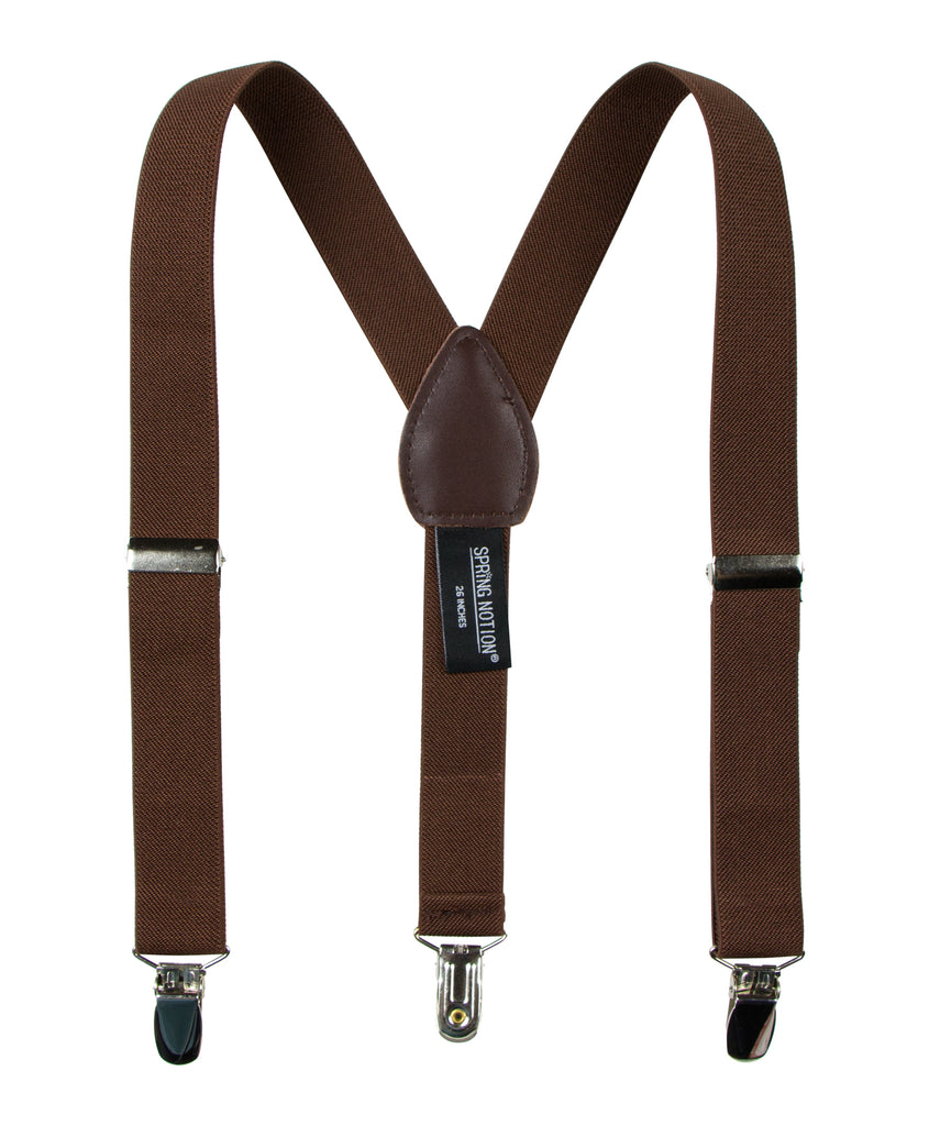boys' brown elastic stretch suspenders with geniune leather crosspatch and polished metal clips