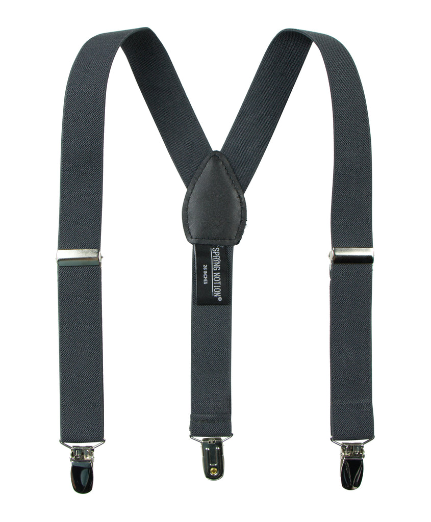 boys' charcoal grey gray dark grey dark gray elastic stretch suspenders with geniune leather crosspatch and polished metal clips
