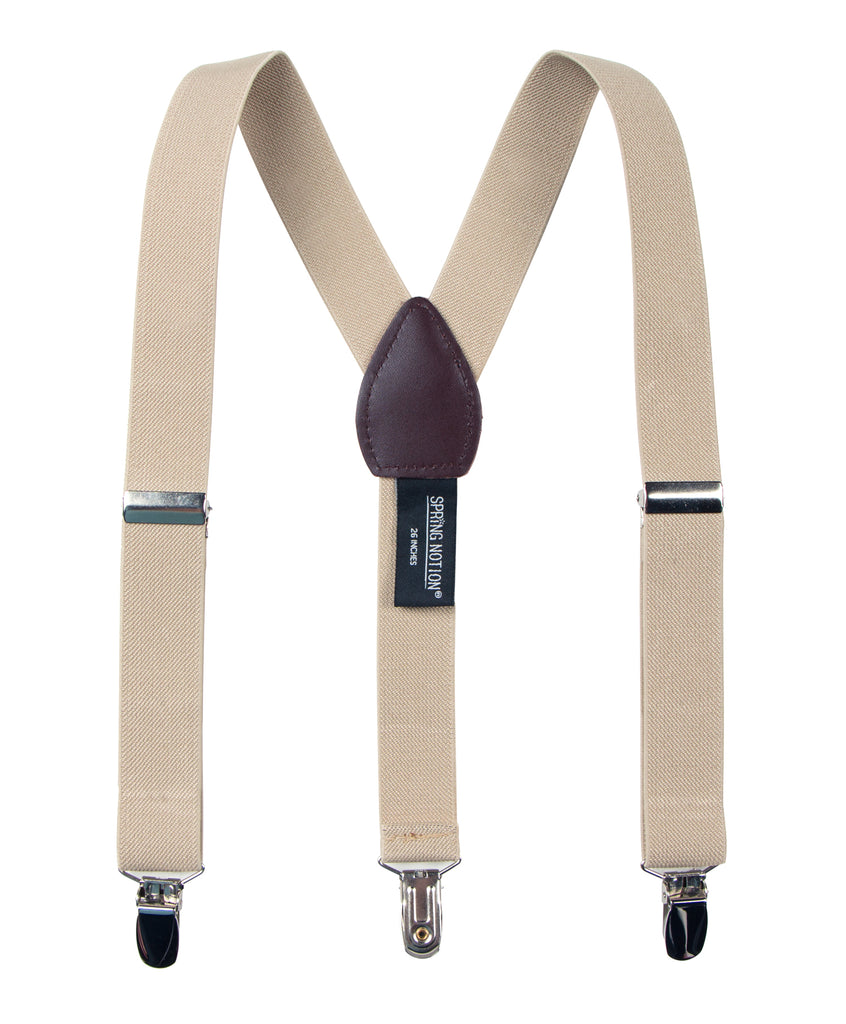 boys' champagne beige elastic stretch suspenders with geniune leather crosspatch and polished metal clips