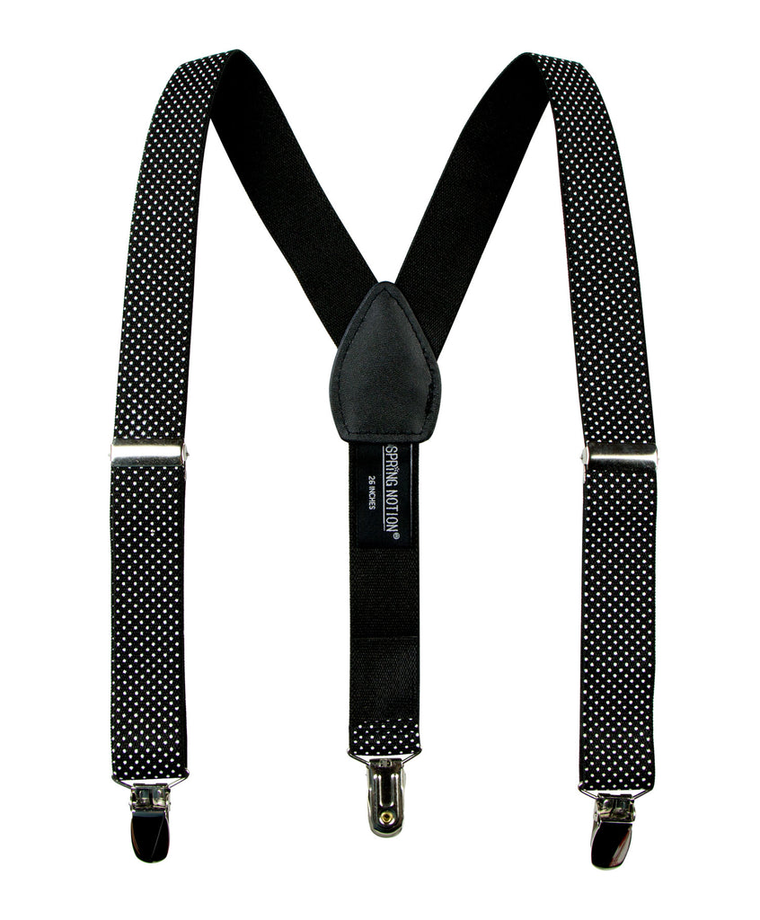 boys' black and white dots dotted polka dots elastic stretch suspenders with geniune leather crosspatch and polished metal clips