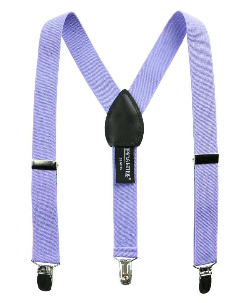 boys' dusty lavender purple elastic stretch suspenders with geniune leather crosspatch and polished metal clips