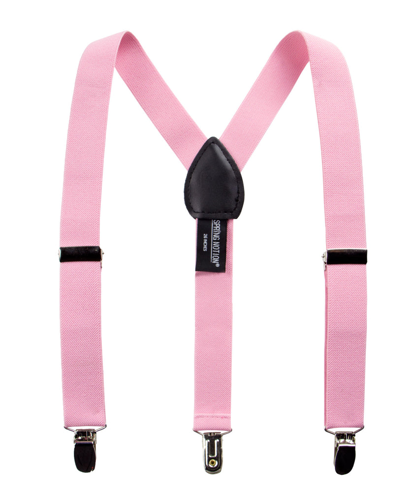 boys' dusty rose pink elastic stretch suspenders with geniune leather crosspatch and polished metal clips