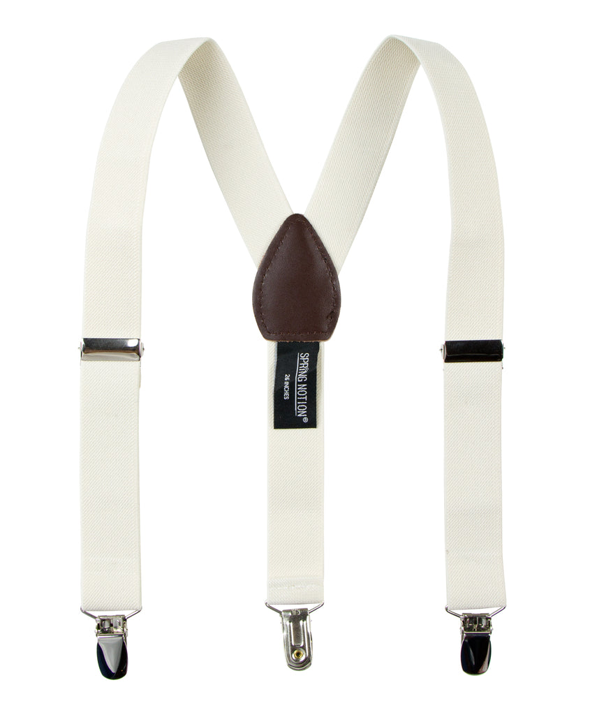boys' ivory elastic stretch suspenders with geniune leather crosspatch and polished metal clips