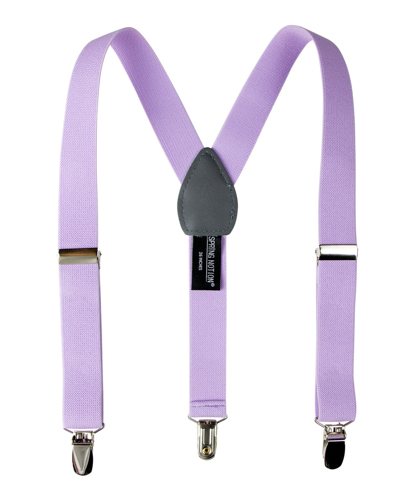boys' lilac lavender purple elastic stretch suspenders with geniune leather crosspatch and polished metal clips