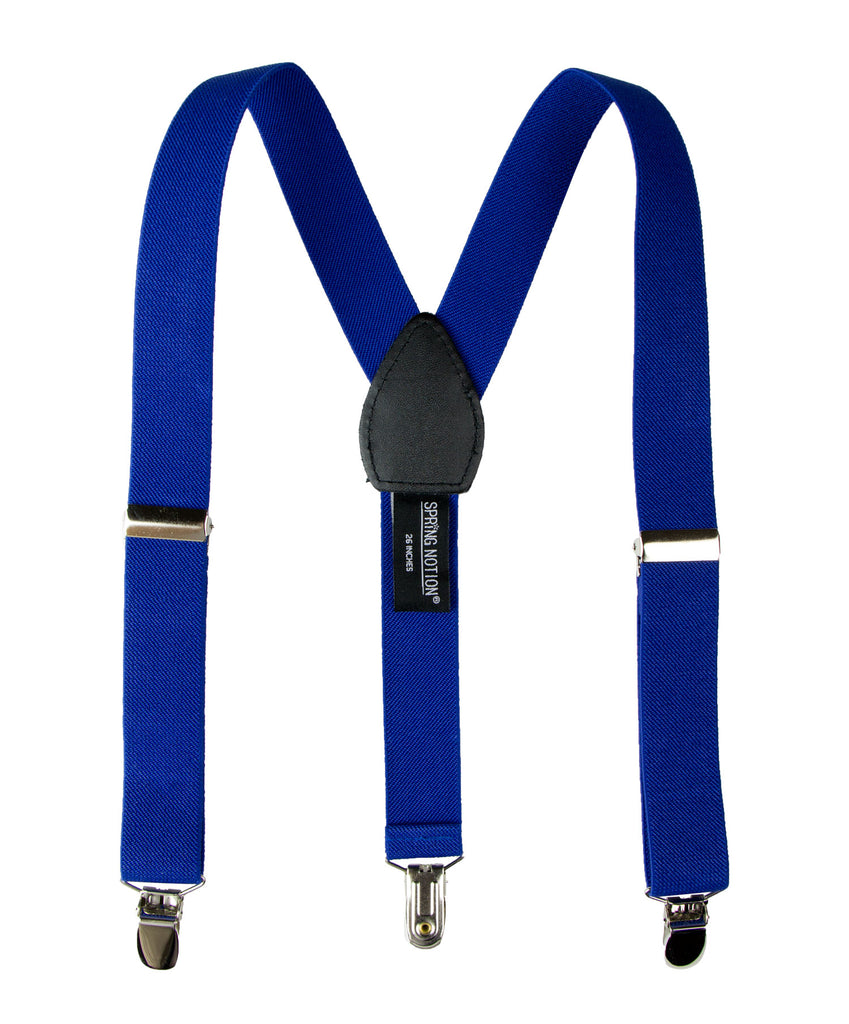 boys' royal blue elastic stretch suspenders with geniune leather crosspatch and polished metal clips