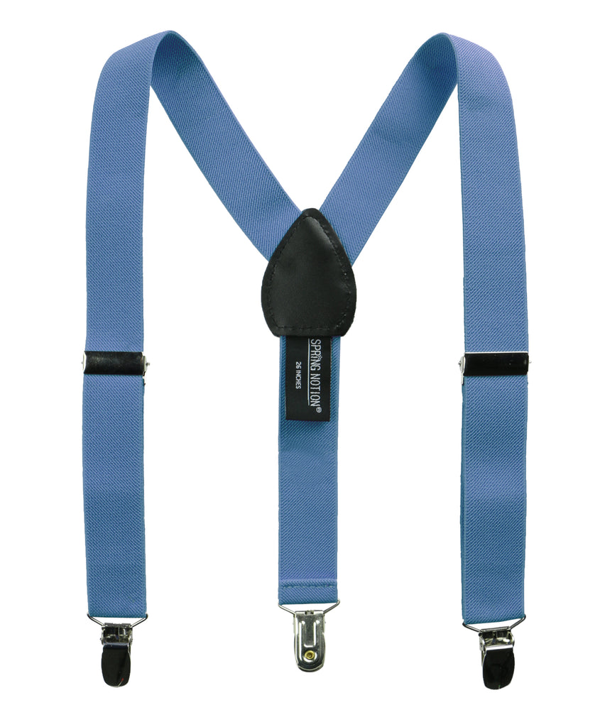 boys' steel blue elastic stretch suspenders with geniune leather crosspatch and polished metal clips