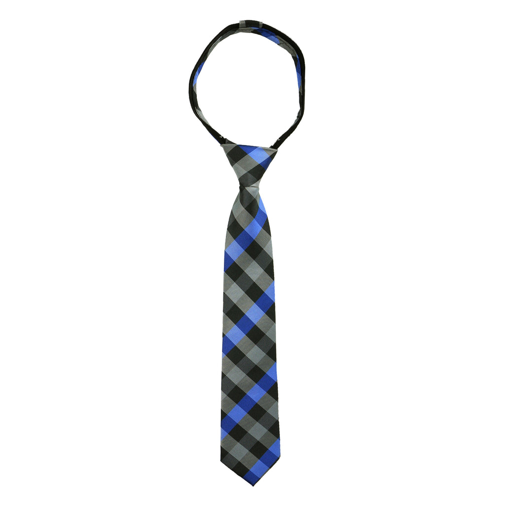 boys' black grey gray blue checkers tartan plaid patterned woven zipper necktie tie