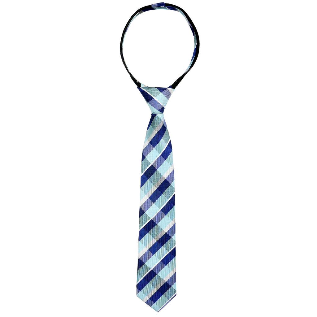 boys' blue green checkers stripes plaid tartan patterned woven zipper necktie tie