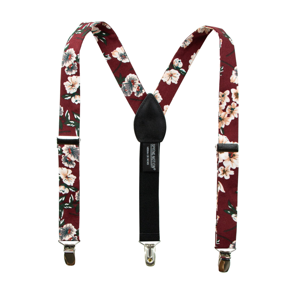 Boys's Floral Cotton Suspenders, Burgundy (Color F37)