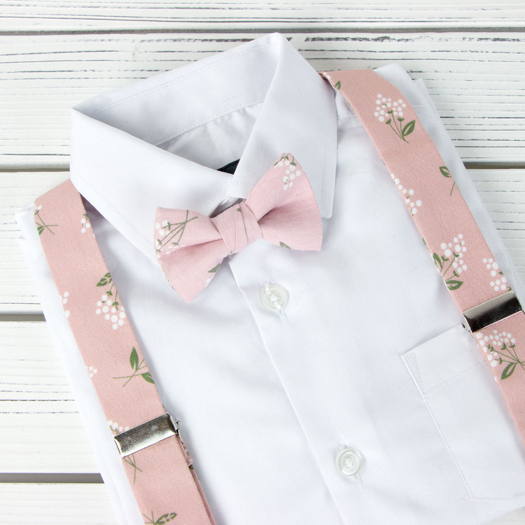 Boys' Floral Cotton Suspenders and Bow Tie Set, Blush Pink (Color F13)