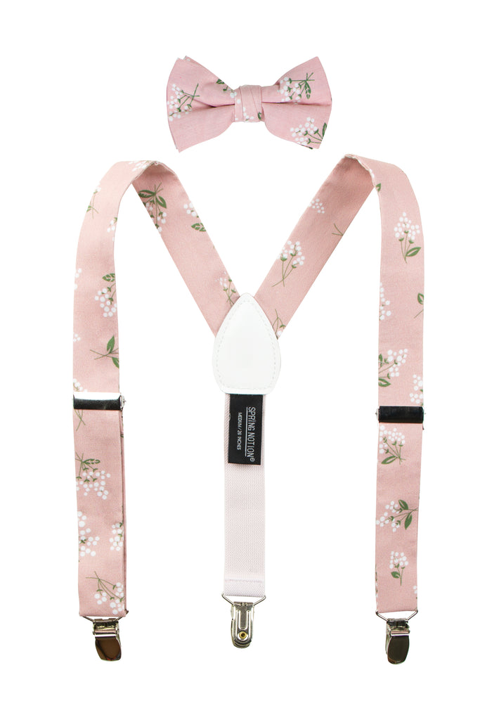 Boys' Floral Cotton Suspenders and Bow Tie Set, Blush Pink (Color F13)